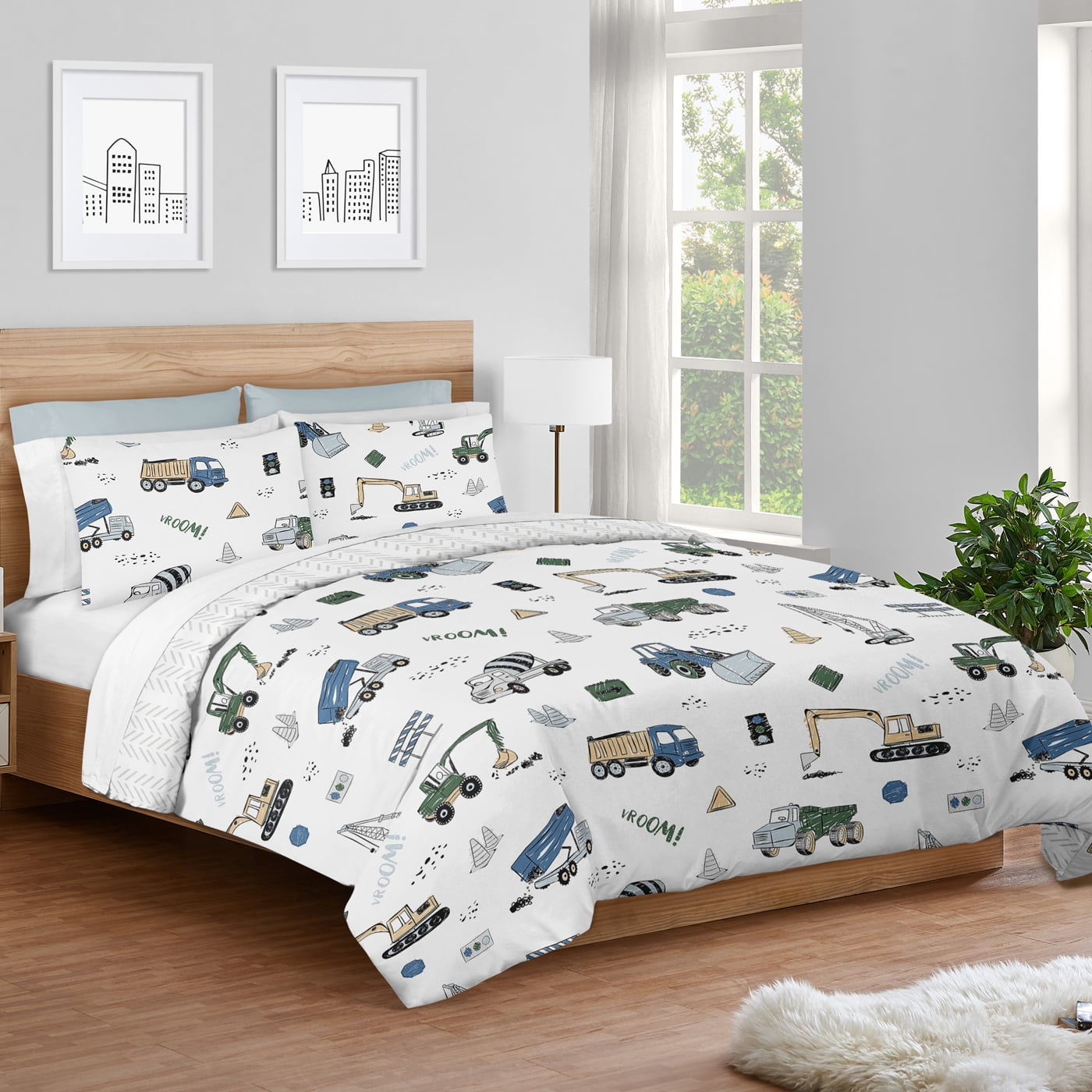 Sweet Jojo Designs Construction Truck Green Blue and Grey Full/Queen Bed Comforter 3 Piece Bedding Set - 3 Piece