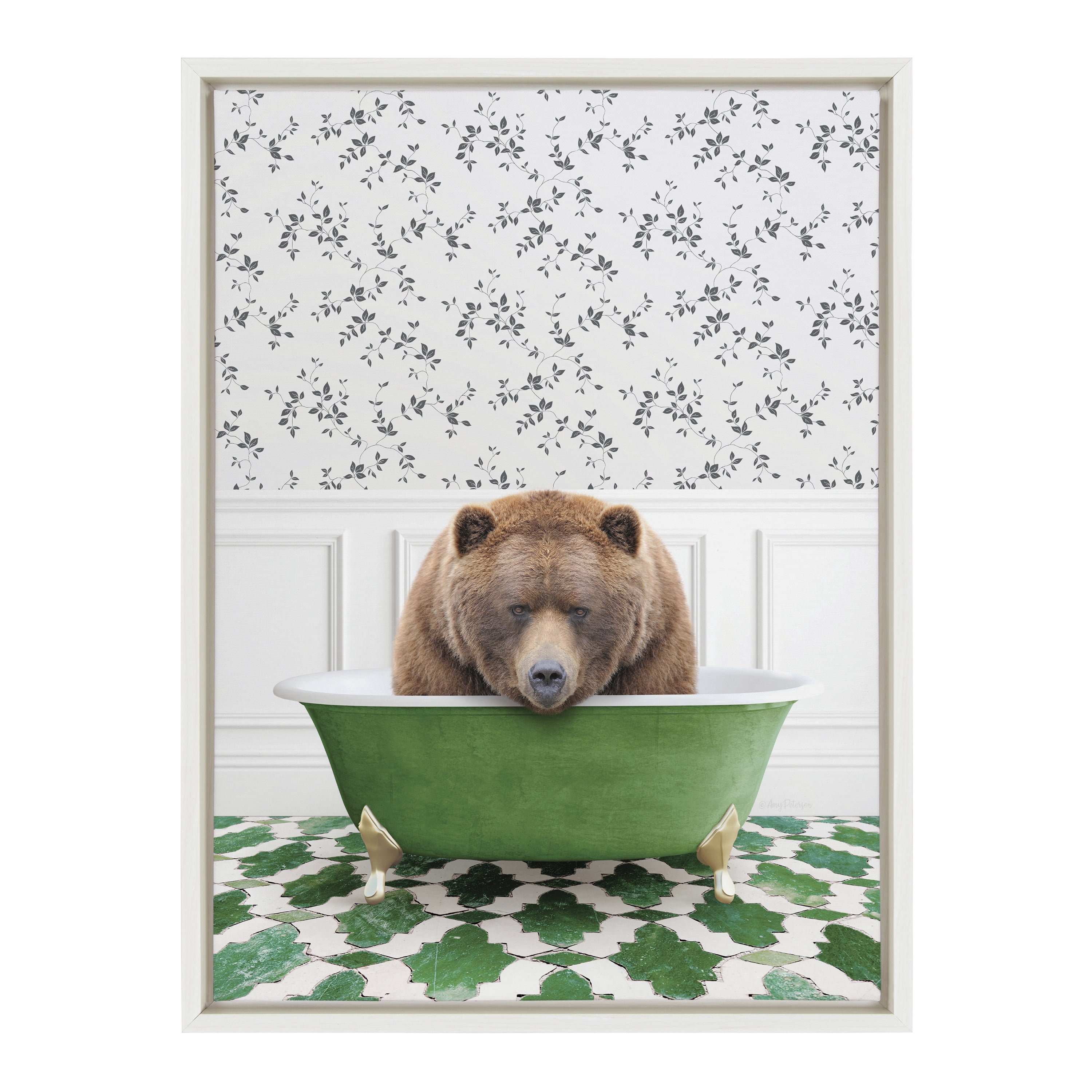 Kate and Laurel Sylvie Big Bear In Eclectic Green Bath Framed Canvas Wall Art by Amy Peterson Art Studio, 18x24 White,  Fun Animal Art Bathroom Décor