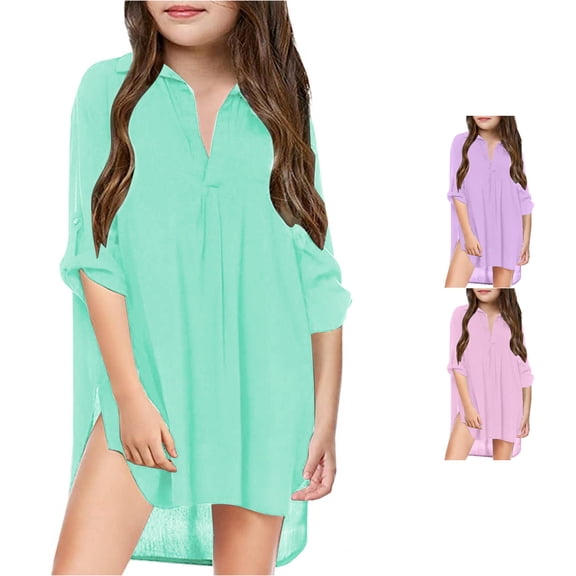 WERYOUNG Little Girl's Kids Beach Dresses Cover Up For Girl Chiffon Shirt Bikini Beachwear Beach Dress Swim Coverup Stylish Sundress 8-9 Years