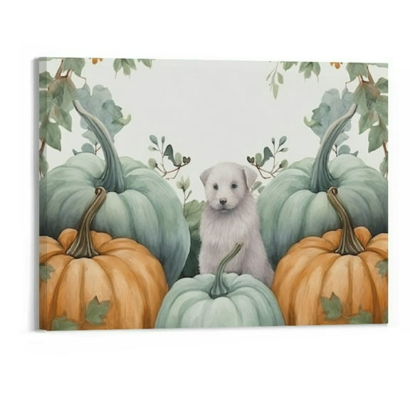 JRXY Canvas Wall Art Oil Painting Teal Pumpkin Fall Green Eucalyptus Leaves Picture Prints Framed, Happy Thanksgiving Harvest Decor for Living Room 20x16in