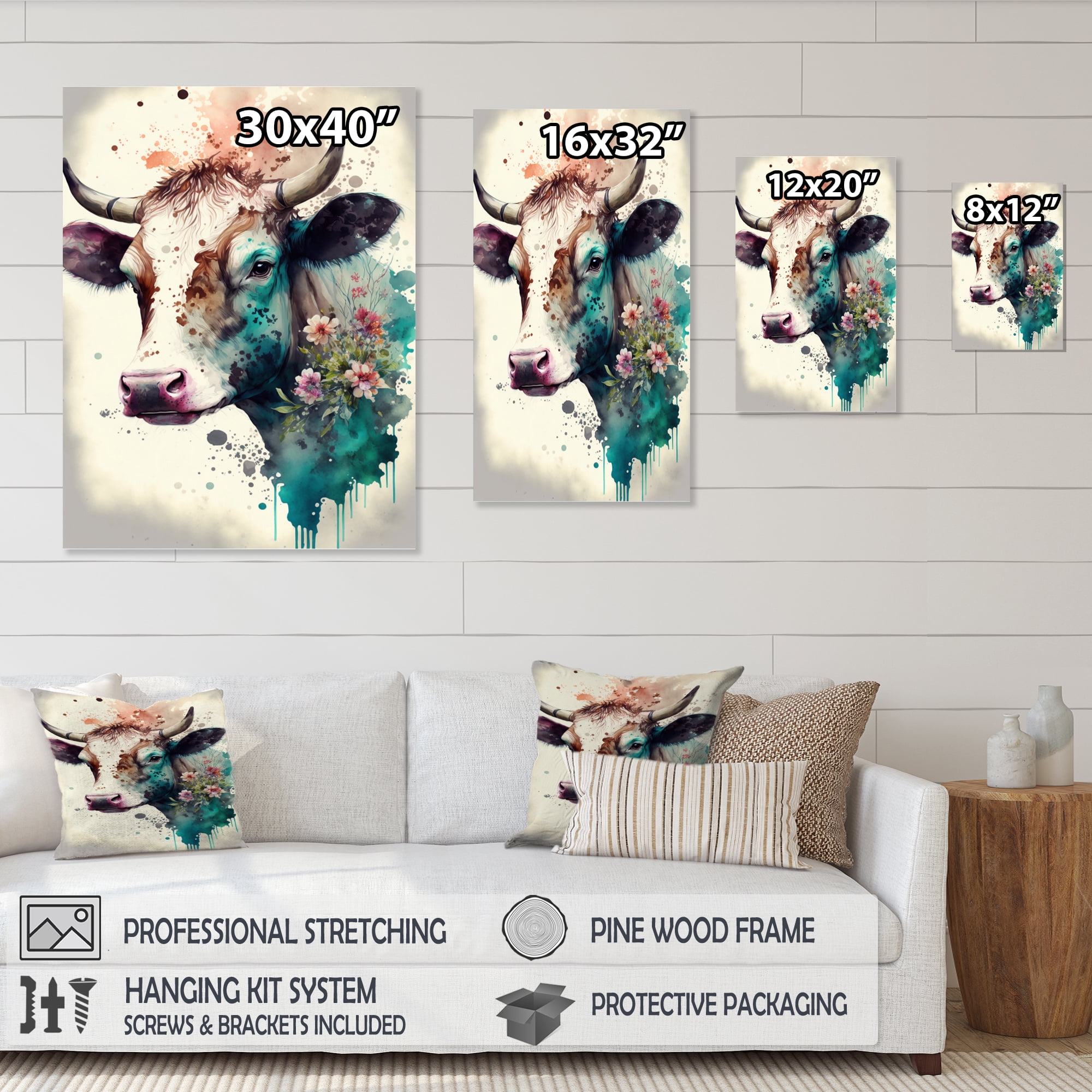 Designart Cute Cow Floral Art I Canvas Wall Art