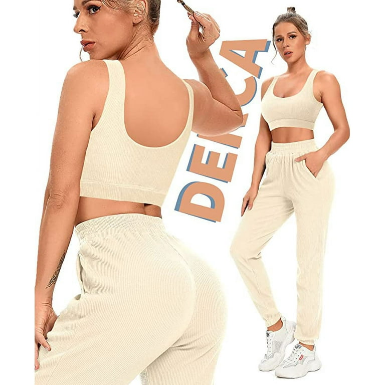 Two Piece Workout Outfits for Women Jogger Sweatpants Sets with Pockets  Ribbed Sports Bra Gym Activewear (Beige,XX-Large)