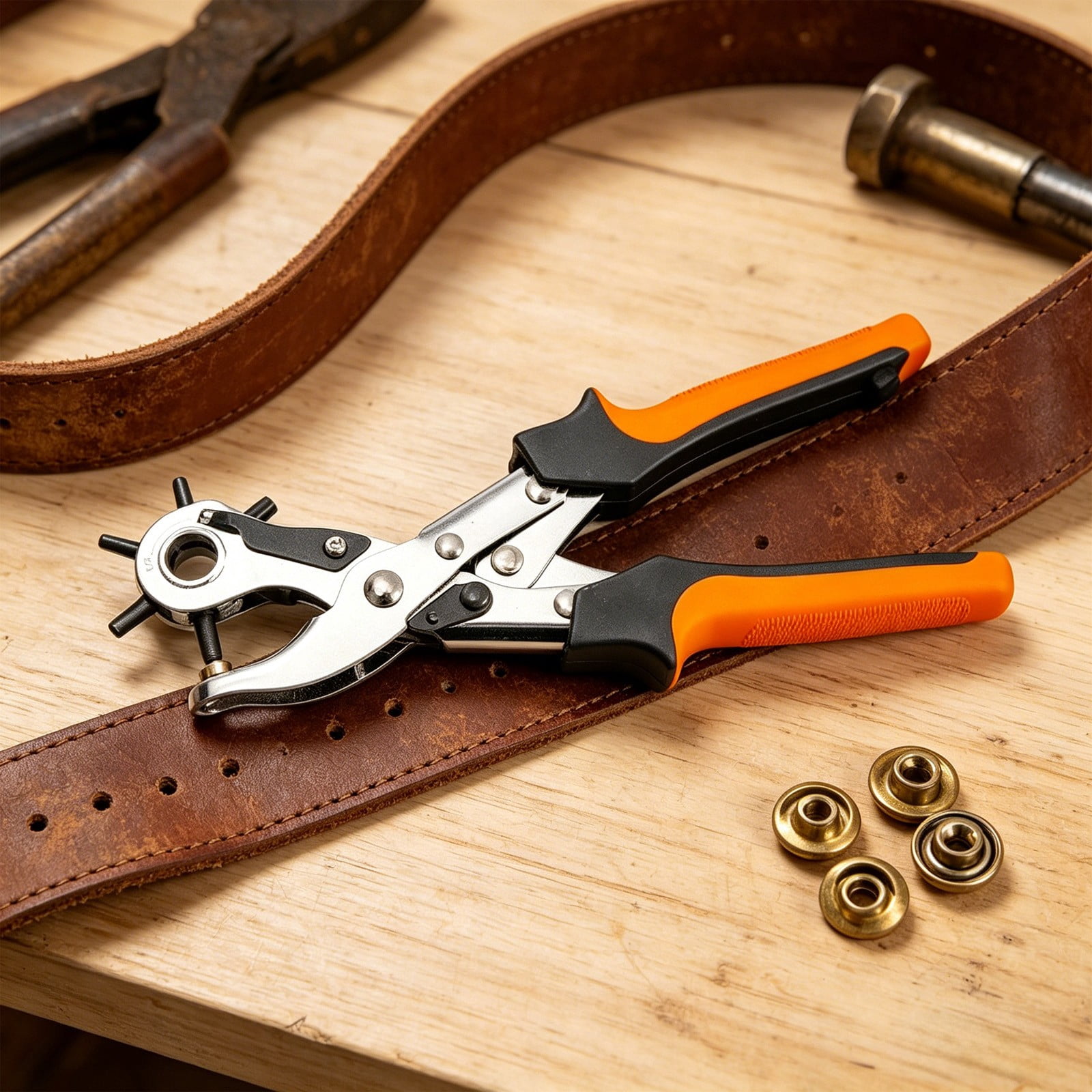COM1950s Leather Hole Punch Tool, Revolving Belt Hole Puncher Plier with 6 Adjustable Sizes, Heavy Duty Hand Tool for Belts, Watch Bands, Leather Crafts, and Home Repair