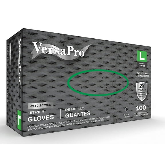 VersaPro N650L Black Nitrile Gloves, 6.7 Mil, Diamond Grip Texture, Powder-Free, Large (Box of 100)