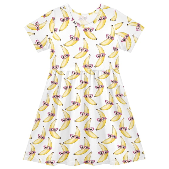 joogoo Bananas with Glasses Girls' Short Sleeve Dress Kids Dresses 5-6T