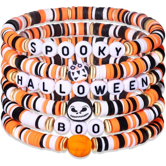 Halloween Heishi Beaded Bracelet Set - 6 Pack Polymer Clay Stackable Jewelry, Halloween Costume Gift for Women