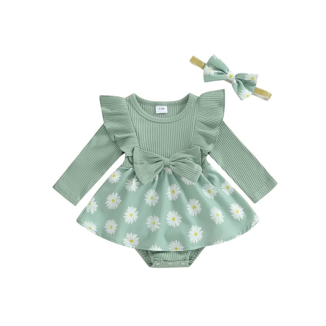 WIFORNT Baby Girl 2Pcs Spring Outfits Long Sleeve Bow Front Daisy Print Romper with Headband Set Infant Clothes