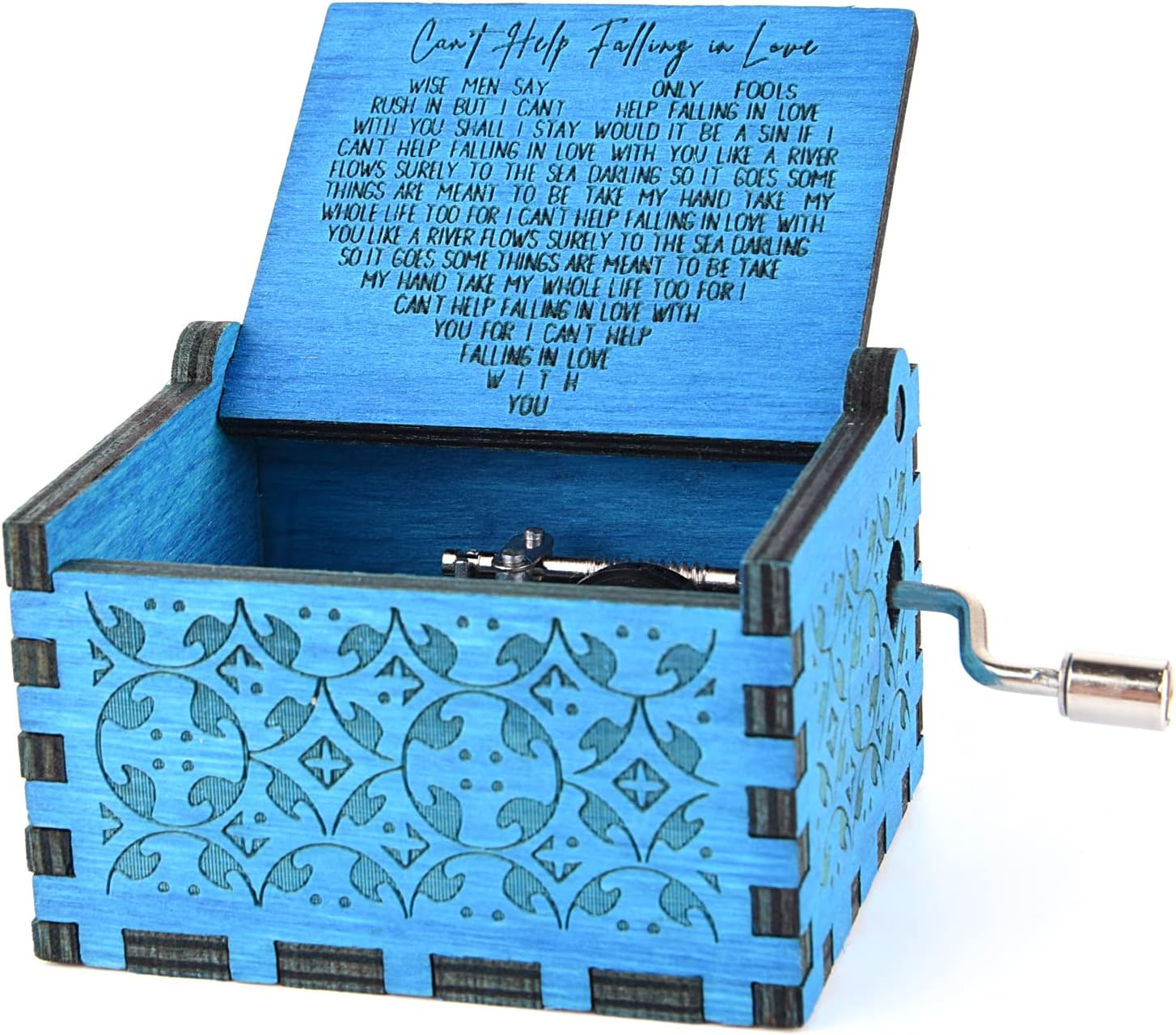 Boîte à Musique Gravée "Can't Help Falling In Love" - Bois, 18 Notes, Manivelle - 6,4x5,2x4,2 Cm