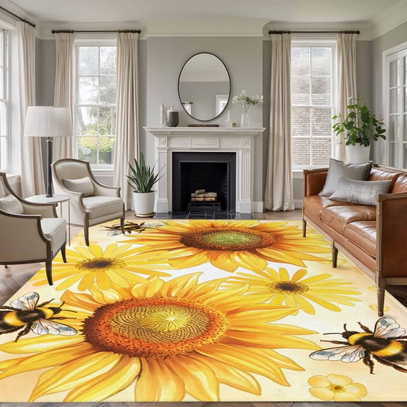 8x10 Area Rugs for Living Room, Sunflower Non Slip Area Rugs for Kitchen Bedroom Entryway, Yellow Floral Elegant Flowers Pastoral Washable Carpet Runner Rug Floor Mats for Bedroom Home Decor