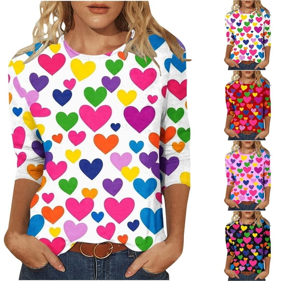 Jsaierl Valentines Day Shirts Women Sweet Love Heart Graphic Tees Casual 3/4 Sleeve Blouse Round Neck Dressy Casual T-shirt Tops Womens Fashion