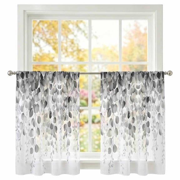 Gray Leaf Sheer Curtains 45 inches Long, Eucalyptus Leaves Light Filtering Sheer Window Curtains Rod Pocket Voile Drapes for Bedroom Living Room, 2 Panels