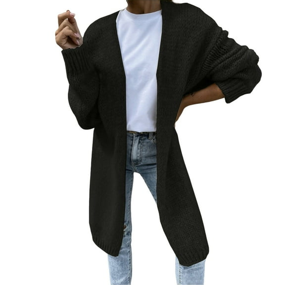 Breezora Women's Chunky Knit Long Cardigan Open Front Sweater Coat With Pockets Winter Warm Fashion Black