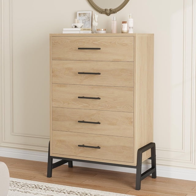 Memoryfield Commode Haute de 50,5 Po à 5 Tiroirs, Coffre de Rangement en Bois pour Chambre et Garde-Robe, Naturel