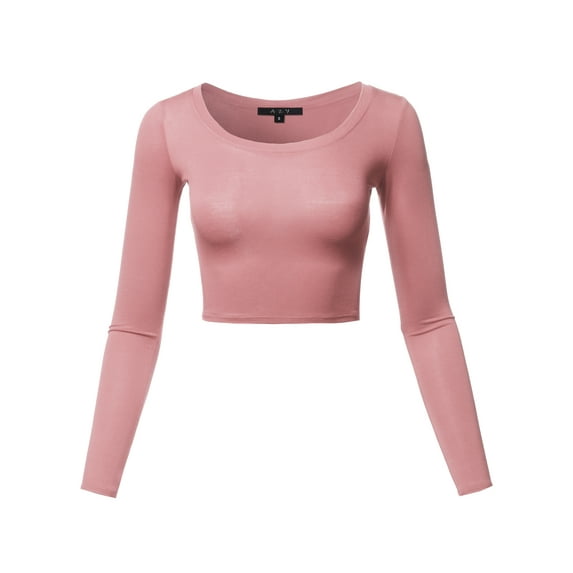 A2Y Women's Basic Solid Stretchable Scoop Neck Long Sleeve Crop Top Mauve S