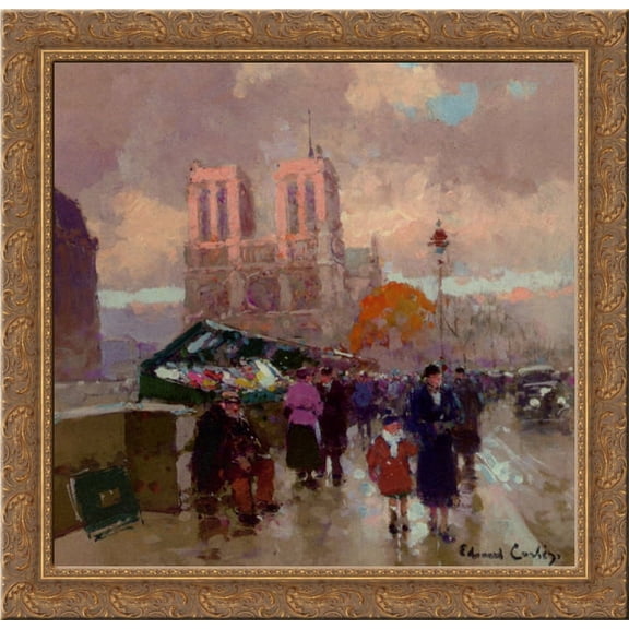 Effect of sunlight on Notre Dame 20x20 Gold Ornate Wood Framed Canvas Art by Edouard Cortes