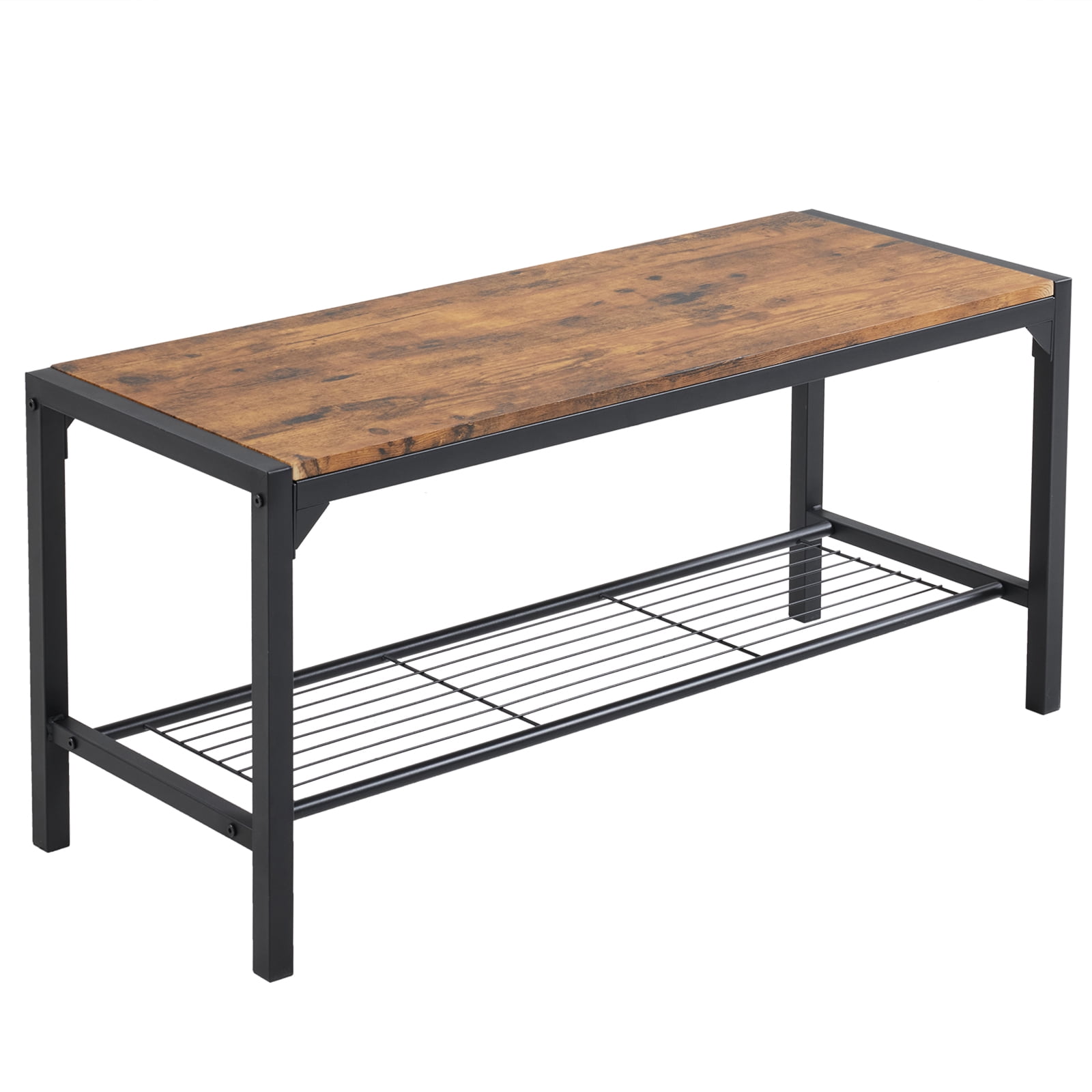 Space-Saving 4-Piece Dining Table Set, MDF Metal Frame Table with 2 Chairs and Bench, Storage Shelves Dining Set for Small Apartment Kitchen