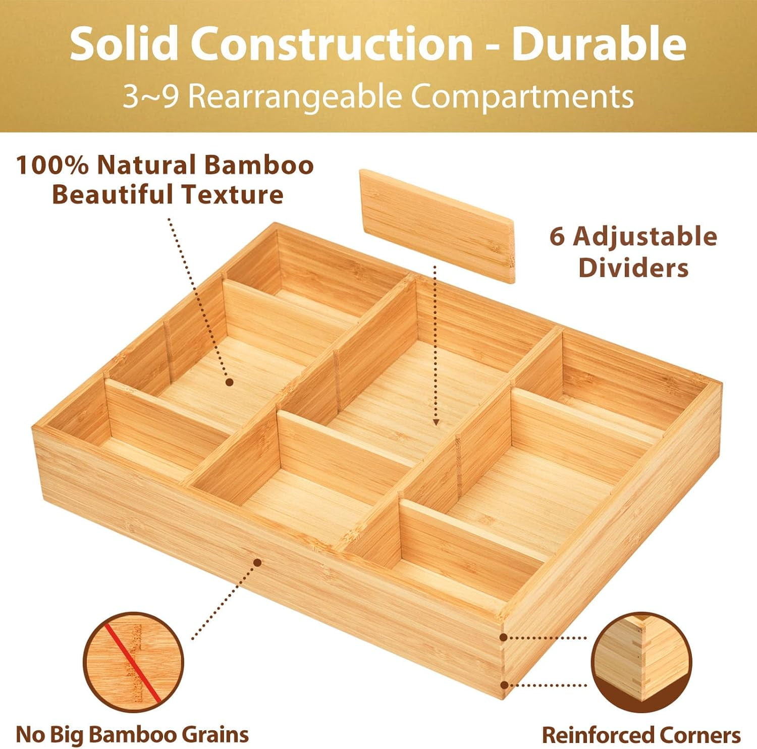 Desk Drawer Organizer, Bamboo Wood Organizer Tray with Adjustable Compartments, Office Desk Accessories Supplies Organization Storage, 12" x 9"