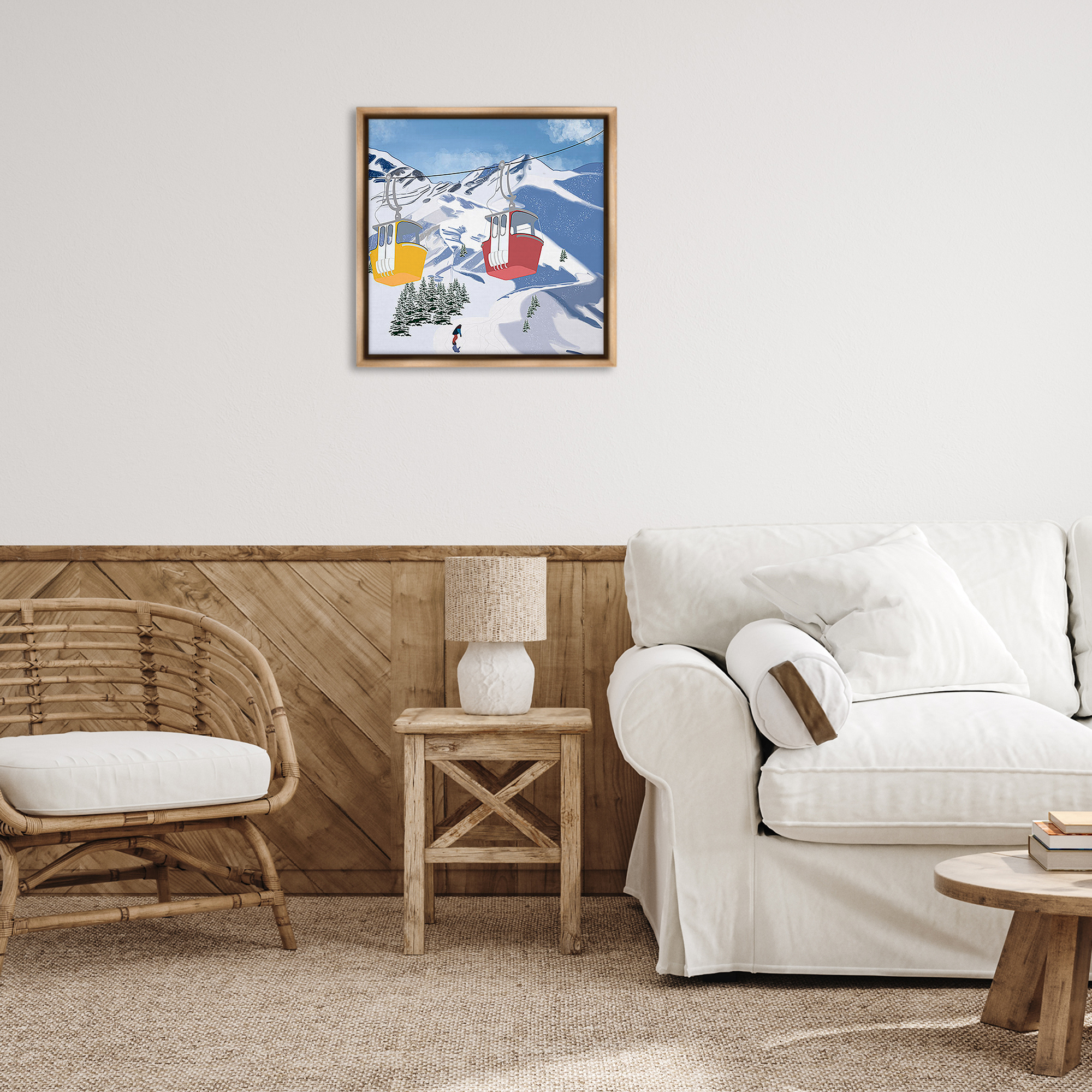 Stupell Industries Ski Lift over Vast Mountain Sports Painting Brown Floater Framed Canvas Art Print Wall Art, 25 x 25