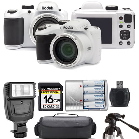 Kodak PIXPRO AZ401 Camera (White) + Extra Battery + Flash - 16GB Kit