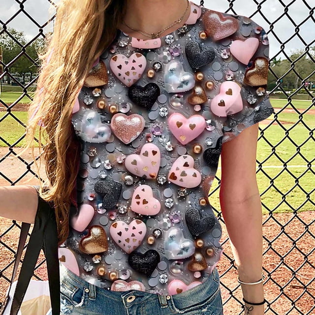 Karight T-Shirt Graphique Mignon avec Cœur pour Femmes, Chemise de la Saint-Valentin, Teinture Colorée, Imprimé Love, Col en V, Manches Courtes, Tee-Shirt Rétro