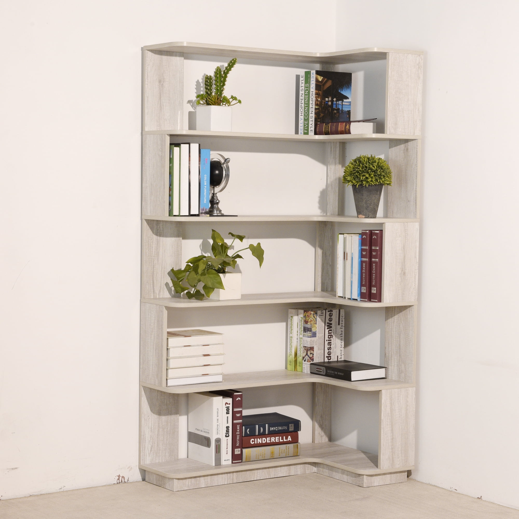 Leumius 5 Tier Freestanding Bookshelf,Wooden L-Shaped Corner Bookcase with Anti-drop Panel and Anti Tipping Device, Display shelf Open Storage,Light Gray