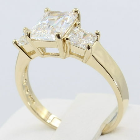 Emerald Side Stones - 2.50 Ct 14K Real Yellow Gold Three 3 Stones Emerald Cut Center and Princess Cut Side stones 4 Prong Basket Setting Wedding Engagement Propose Promise Ring