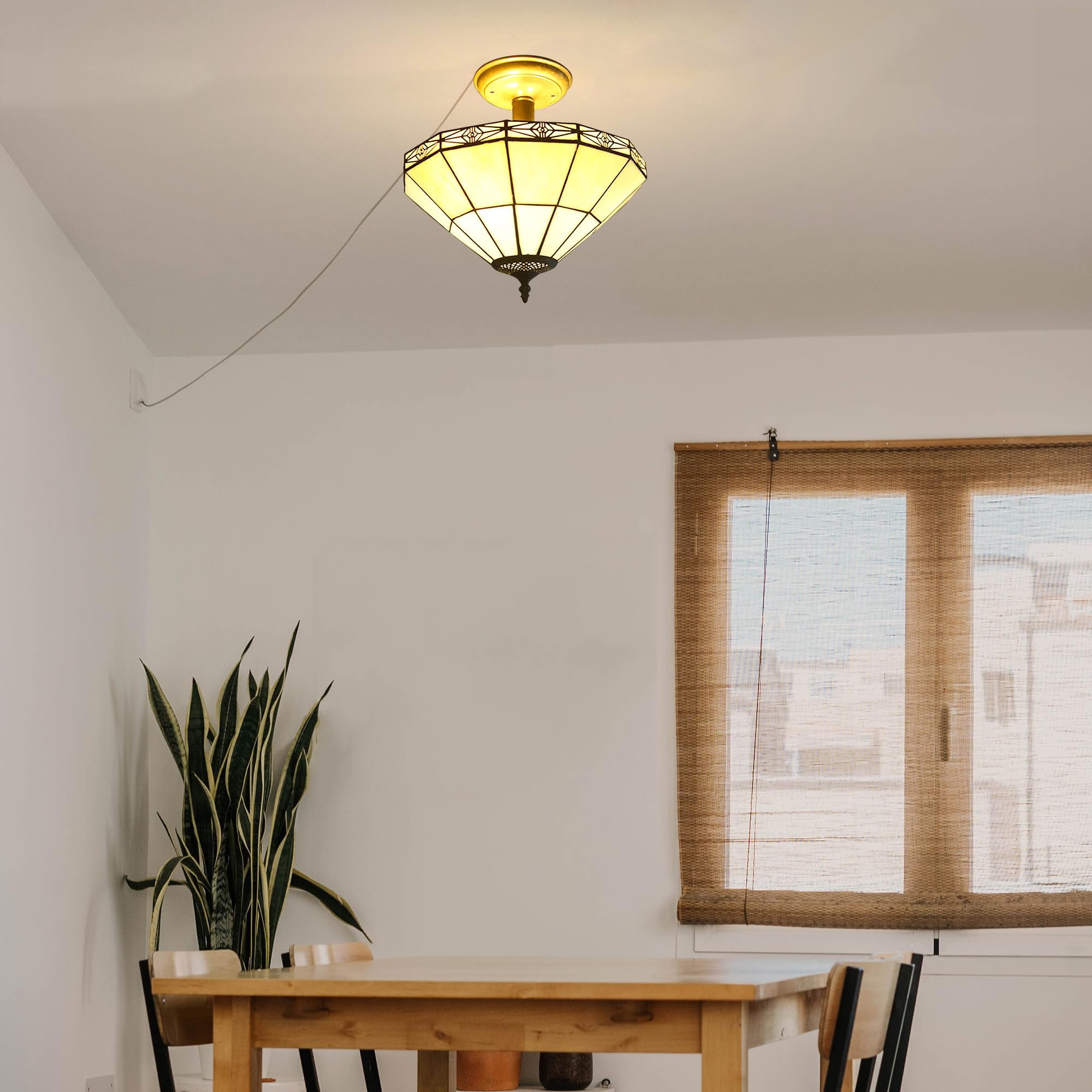 Kiven 13.8in Flush Mount Ceiling Light Fixture Dimmable, 3-Light Anti Glare Close to Ceiling Light with 15FT Plug-in Cord, Tiffany-Style Glass Chandelier for Bedroom Kitchen Hallway(No.3197)