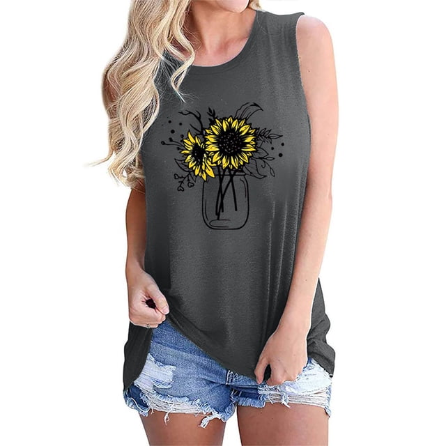 Tops casuales de verano sin mangas para mujer, camisetas sin mangas con estampado de cuello redondo Pompotops lopia993582