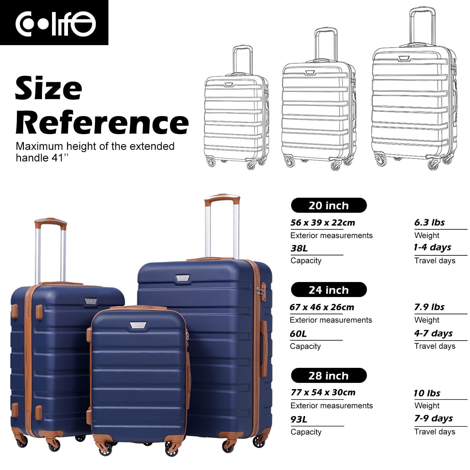 Coolife Luggage 3 Piece Set Suitcase Spinner Hardshell Lightweight TSA Lock (apricot navy,20/24/28)