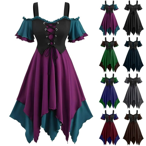 Jinhomg Womens Cold Shoulder Dresses Ruffles Layered Lace-up Underbust Corset Dress Medieval Renaissance Costume Blue L