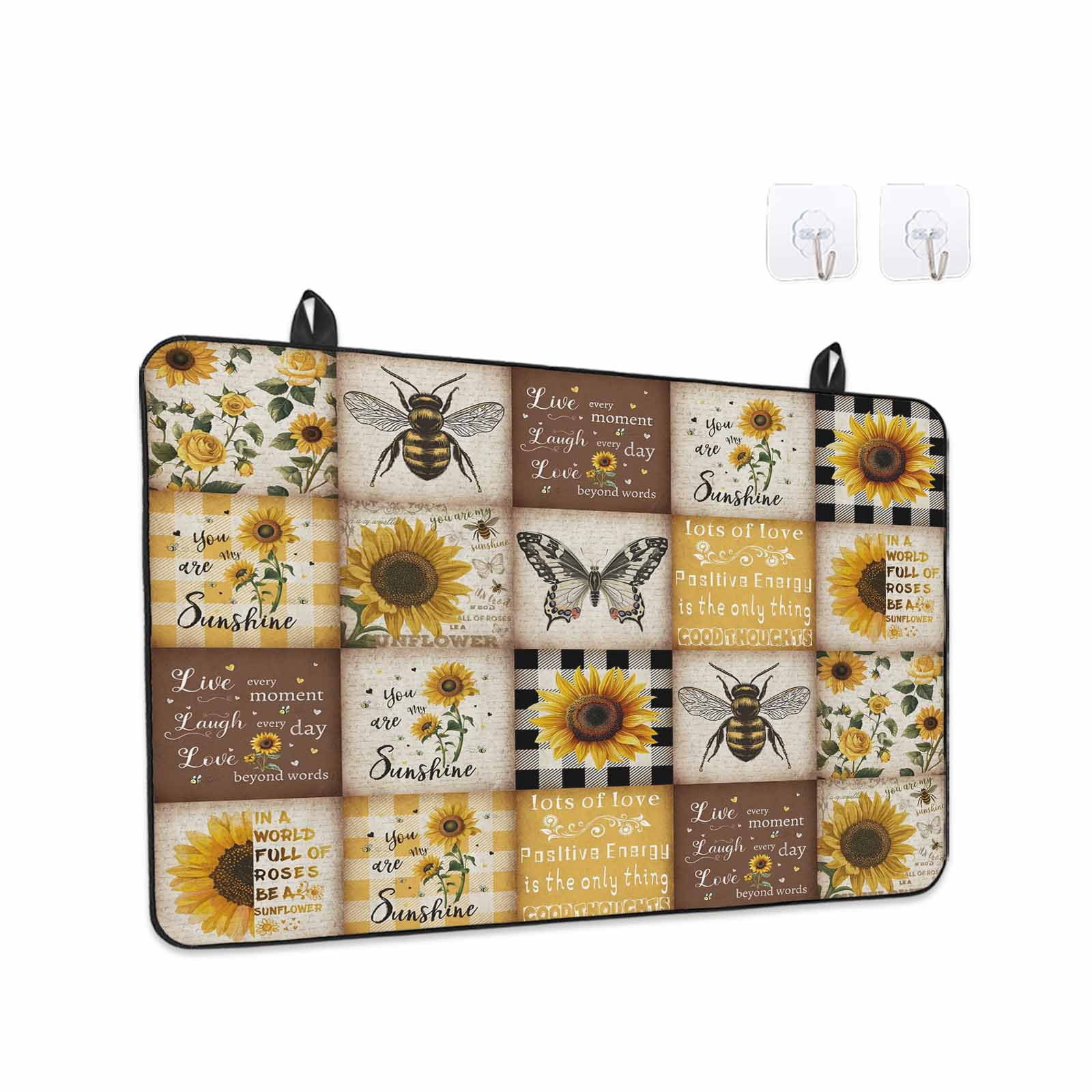 Sunflowers Stove Top Cover for Electric Stove, Heat-proof & Non Slip Glass Top Stove Cover Protector, Retro Country Butterfly Bee Floral Plaid Kitchen Flat Cooktop Rubber Mat 24x21 Inches