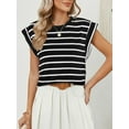 thumbnail image 4 of Spencer Womens Cap Sleeve Tops Casual Crewneck Tank Tops Summer Basic Tee Shirts Loose Striped T-Shirts Fashion (S, Black), 4 of 8