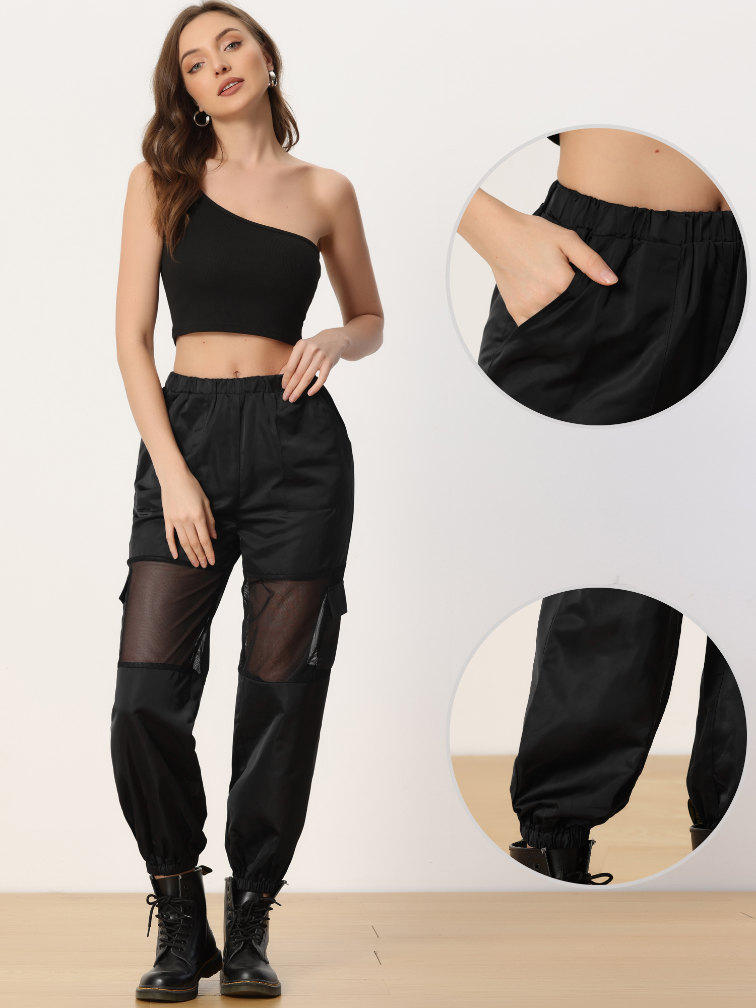 DARING DIVA Women's High Waist Mesh Panel Sheer Baggy Cargo Pants XL Black