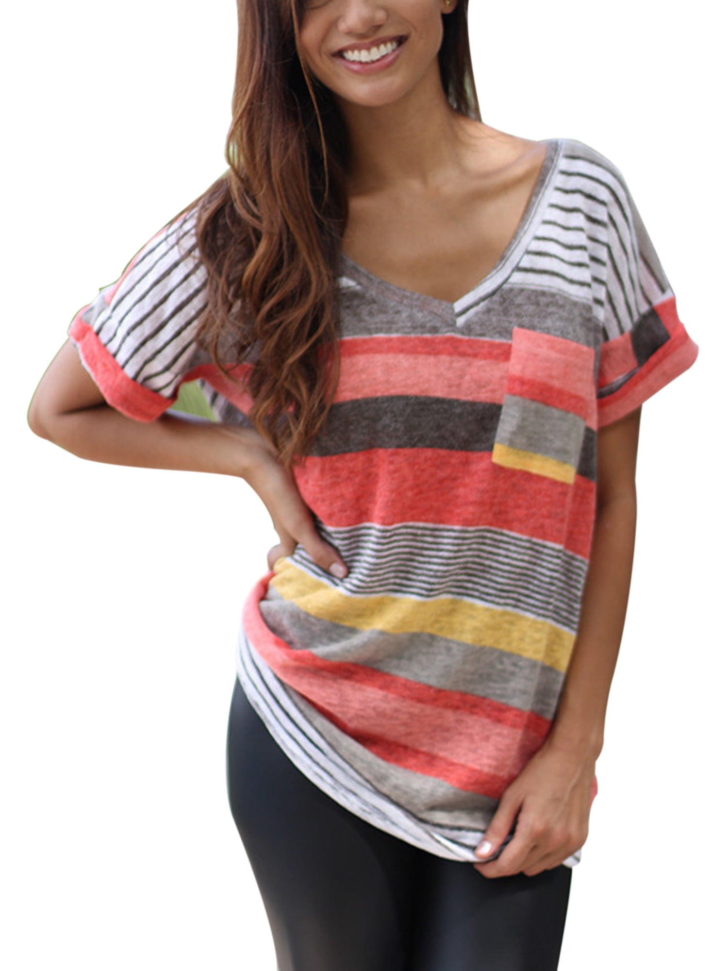 Plus Size Womens Casual V Neck Colorful Striped T Shirt Ladies Short ...