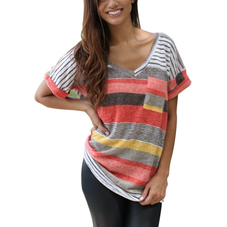 Plus Size Womens Casual V Neck Colorful Striped T Shirt Ladies Short Sleeve Blouse Tops Casual (Best Plus Size T Shirts)