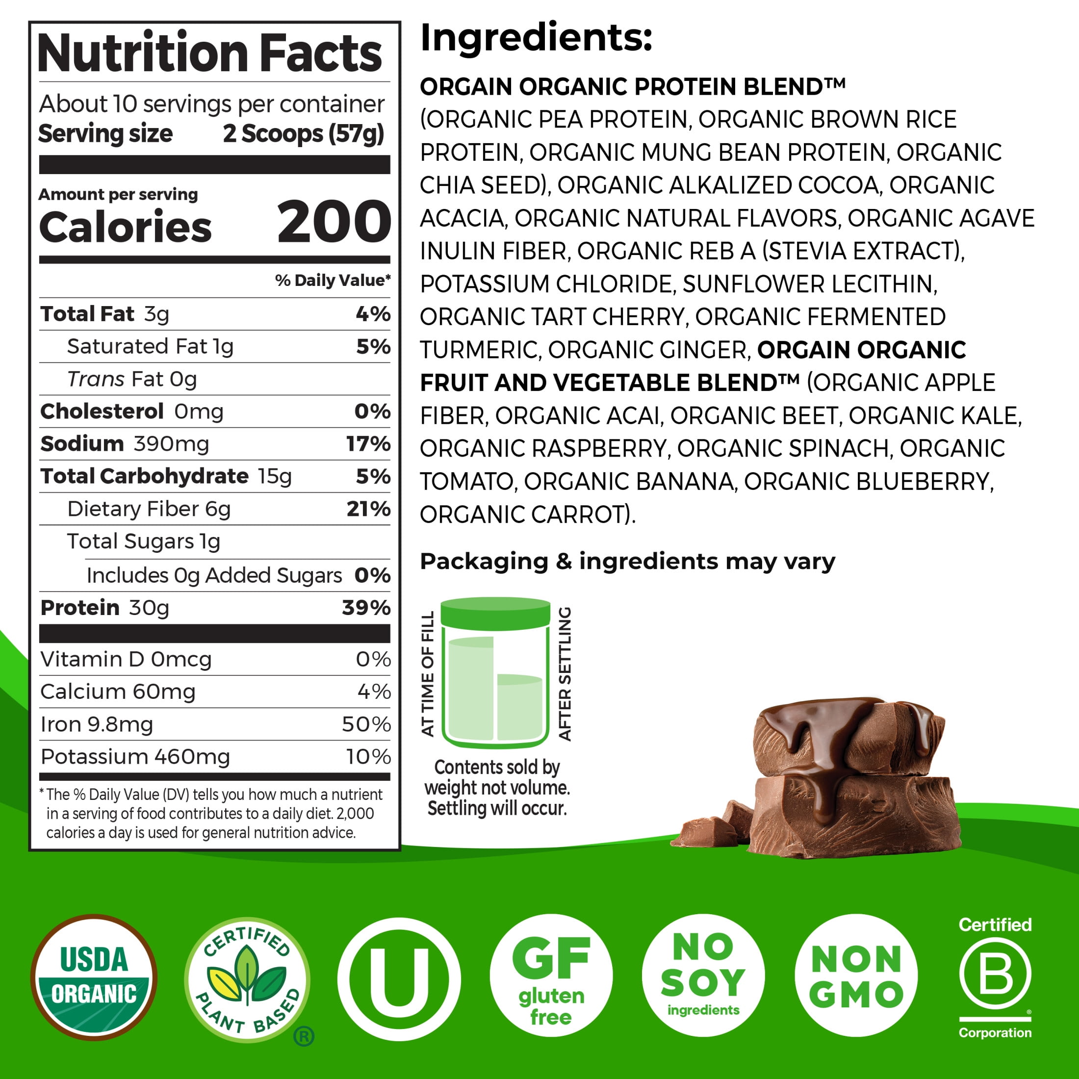 Orgain Organic Vegan 30g High Protein Powder, Plant Based Shake Drink, Prebiotic Fiber, Chocolate, 1.26lb