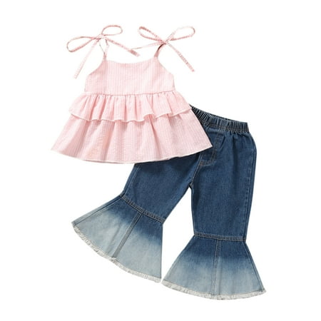 

HIBRO Girls Clothing Striped Suspenders Denim Flared Pants 2 Piece Girls Suit Set Baby Girl Clothes Cute Baby Girl Floral Pant