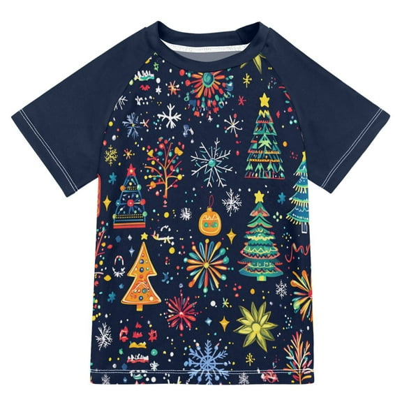 FORMRS Boys Rash Guard Short Sleeves Swim Shirt Quick Dry UPF 50 Sun Protection, Sizes 3-12T, Dark Blue Christmas