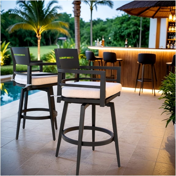JERFIT 360 Swivel Outdoor Bar Stools, 2-Pack Modern Patio Chairs with Sunbrella Cushions, Ember Black Aluminum Frame, Weather-Resistant, Ergonomic Backrest for Poolside, Garden, Deck
