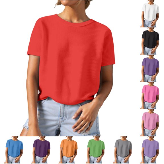 NinXxx Women's Knit Short Sleeve Crewneck Yarn Textured Everyday Tee Red L