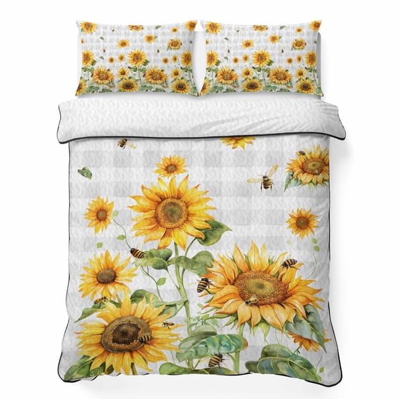 Quilt Sets Twin XL Size Bee Sunflower Comforter Set Soft Bedspread Coverlet 3 Pieces Farm Grey Buffalo Plaid Quilted Bedding Set with 2 Pillowcases Thin Comforter Bed Cover 68x98 Inch