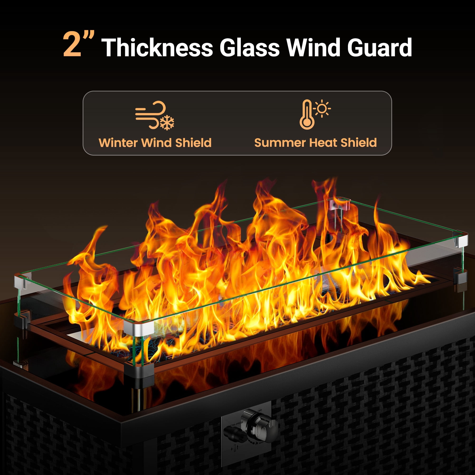 Philergo 43" Propane Fire Pit Table with Tempered Glass Tabletop, 60,000 BTU Rectangular Gas Fire Pit with Blue Glass Rocks, Wind Guard and Lid for Outdoor, Patio, CSA-Listed, Adjustable Feet Pad