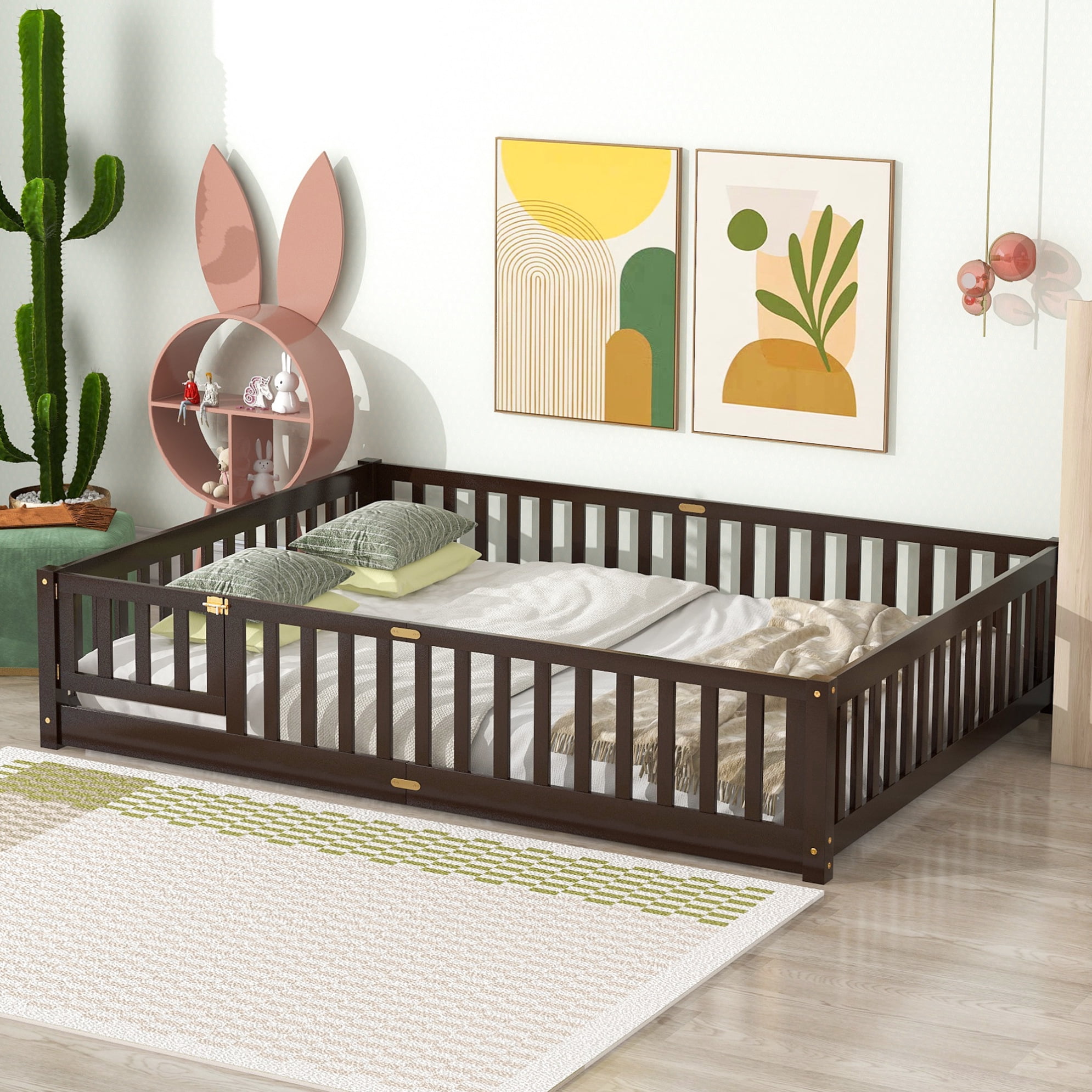 Queen Size Floor Bed with Fence for Kids, Wood Montessori Toddler Bed Frame with Door and Slats Support, Queen Size Platform for Girls and Boys, Espresso