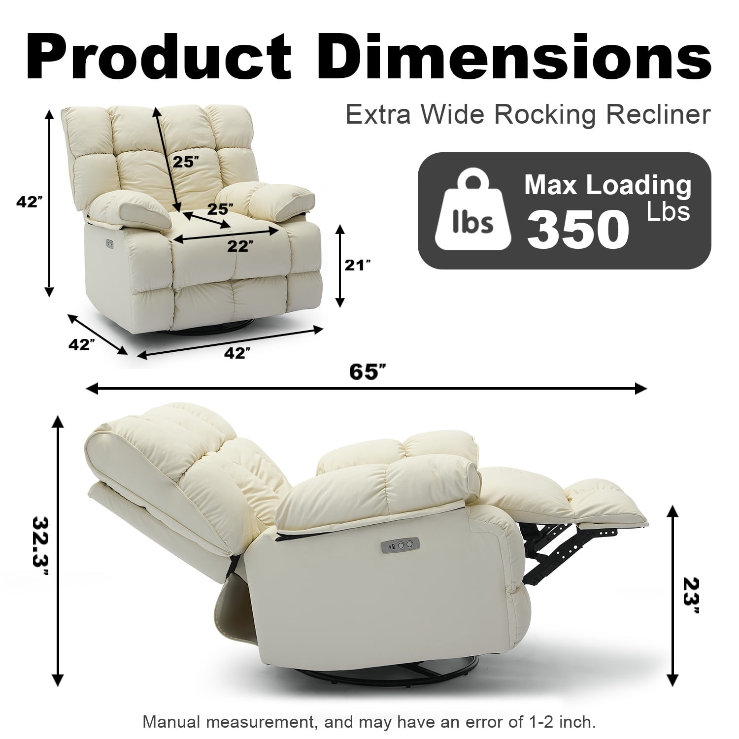 Pmango 2 Pack Pet-friendly Leather Recliner Chair Oversized, XXL Extra Wide Swivel Rocking Recliner, Nursery Single Sofa for Living Room, Electric Adjustable Reclining, USB & Type-C Port, Cream White