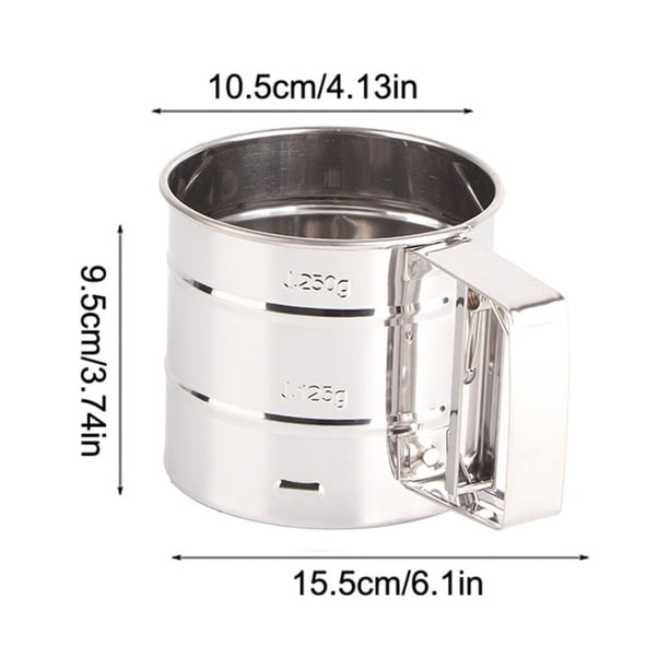 Tamiz de harina con escala medidora, tamiz de coctelera de acero inoxidable, tamiz de harina de acero inoxidable, taza tamizadora para harina, diseño fácil de usar