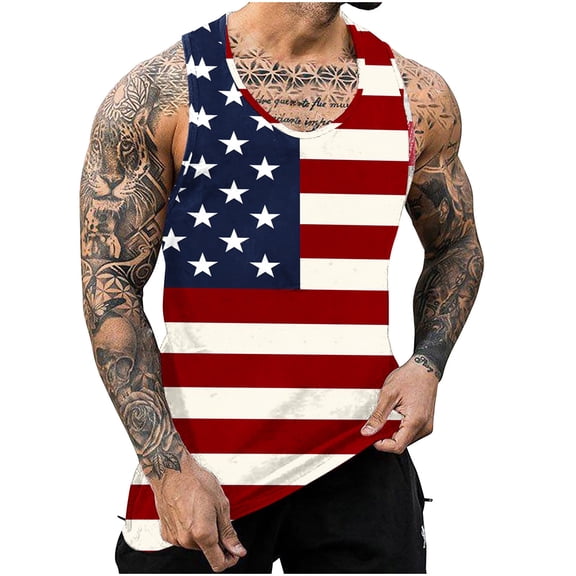 Cmfcve Men's Stars Stripes Tank Top Sleeveless Crew Neck Patriotic Shirt Independence Day Breathable Vintage Vest
