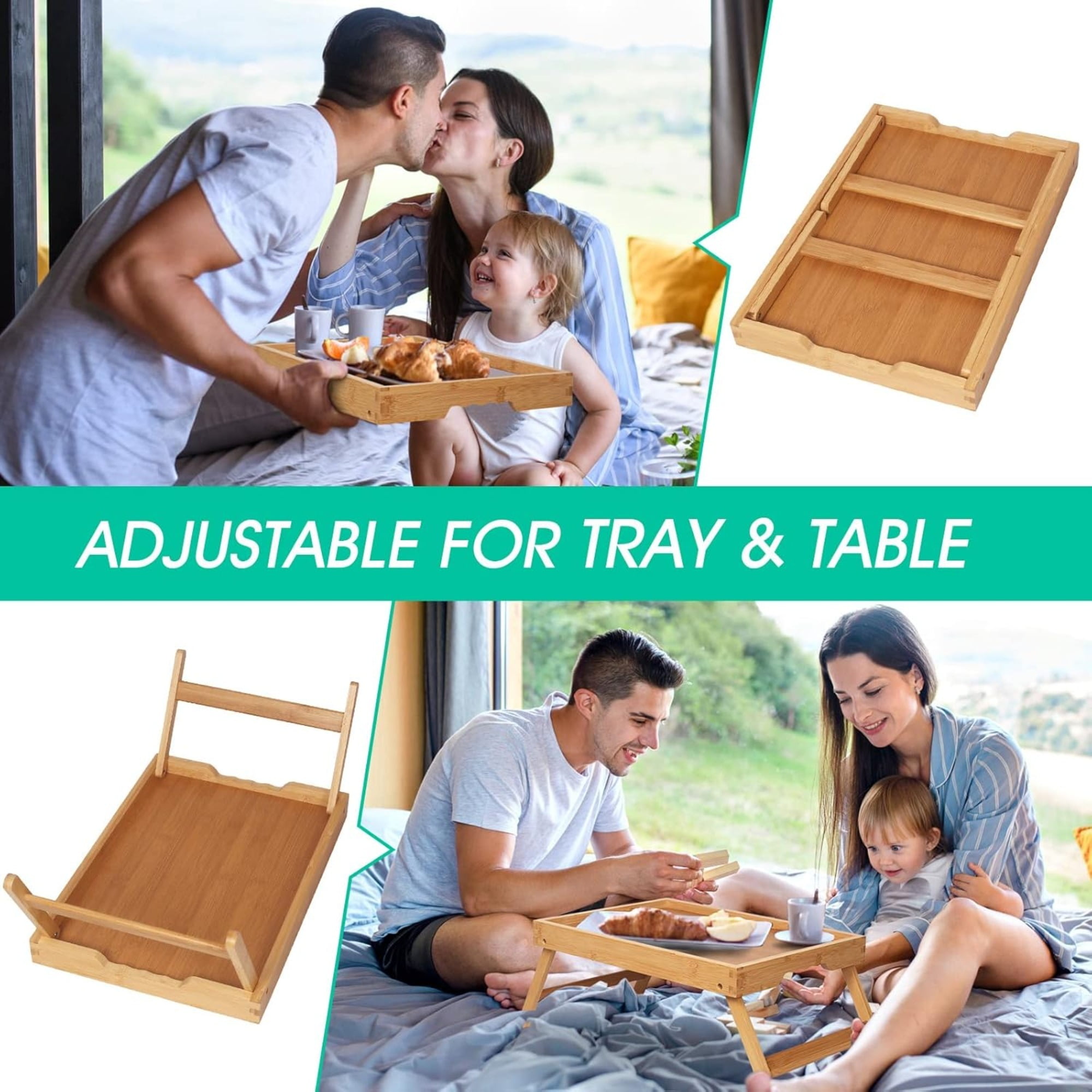 Bed Tray Table with Folding Legs, Bamboo Breakfast in Bed for TV Table, Laptop Computer Tray, Eating, Snack Tray, Breakfast Trays, Bed Trays, Serving Trays