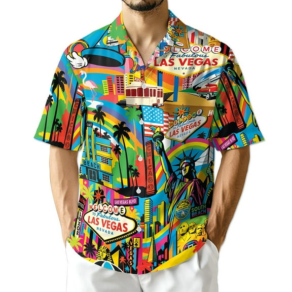 Netecom Las Vegas City Hawaiian Shirt for Men, Retro Style, Button Down Summer Beach Short Sleeve, S-5XL