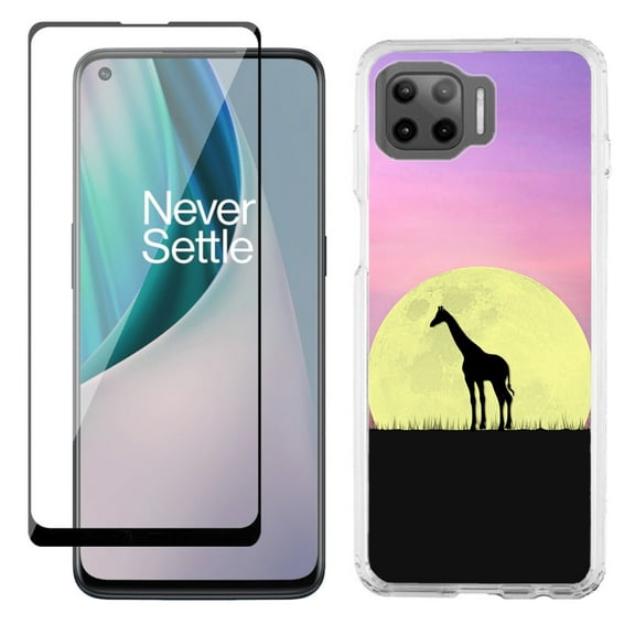 Slim-Fit Protective Phone Case compatible with Motorola Moto One 5G UW, with Tempered Glass Screen Protector, by OneToughShield ® - Moonlight Giraffe
