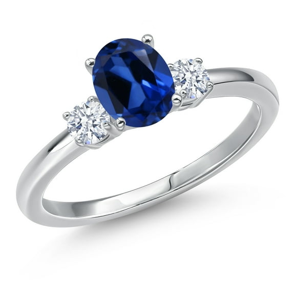 Gem Stone King 14K White Gold Blue Created Sapphire and White Zirconia Engagement Ring for Women | 1.22 Cttw | Oval 7X5MM | Gemstone September Birthstone | Size 5